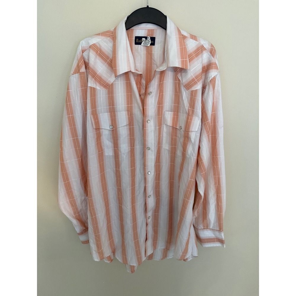 Ruddock Bros Mens 2XLT Orange White Striped Western Pearl Snap Shirt Long Sleeve